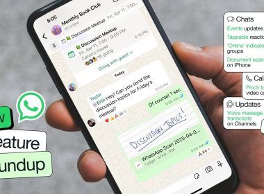 Interfaz de WhatsApp en un teléfono móvil mostrando novedades en chats, llamadas y estados.