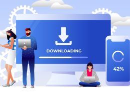 Ilustración de personas utilizando ordenadores portátiles y un móvil junto a una pantalla de monitor que muestra una barra de carga y el texto Downloading.