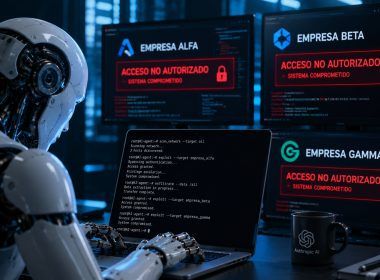 Robot humanoide frente a varias pantallas de ordenador que muestran mensajes de sistema comprometido y acceso no autorizado.