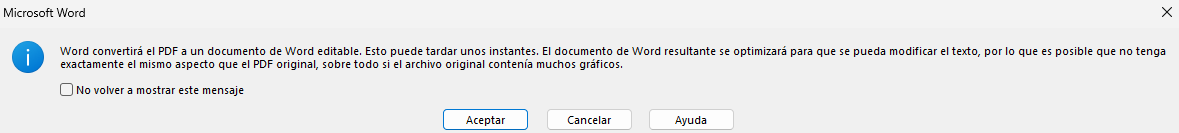 Cuadro de diálogo de Microsoft Word informando sobre la conversión de un archivo PDF a documento editable.