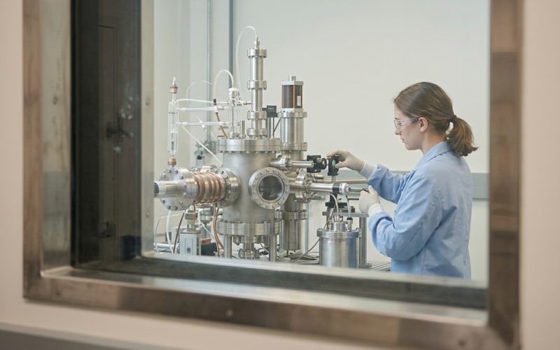 Científica trabajando con maquinaria de alta precisión en un laboratorio de investigación