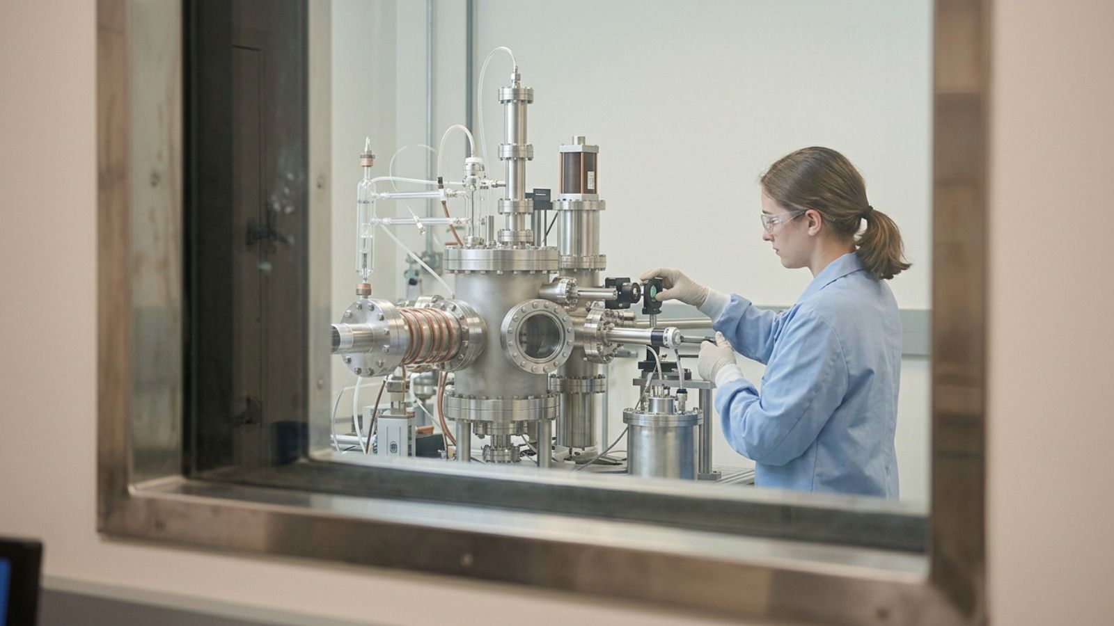 Científica trabajando con maquinaria de alta precisión en un laboratorio de investigación