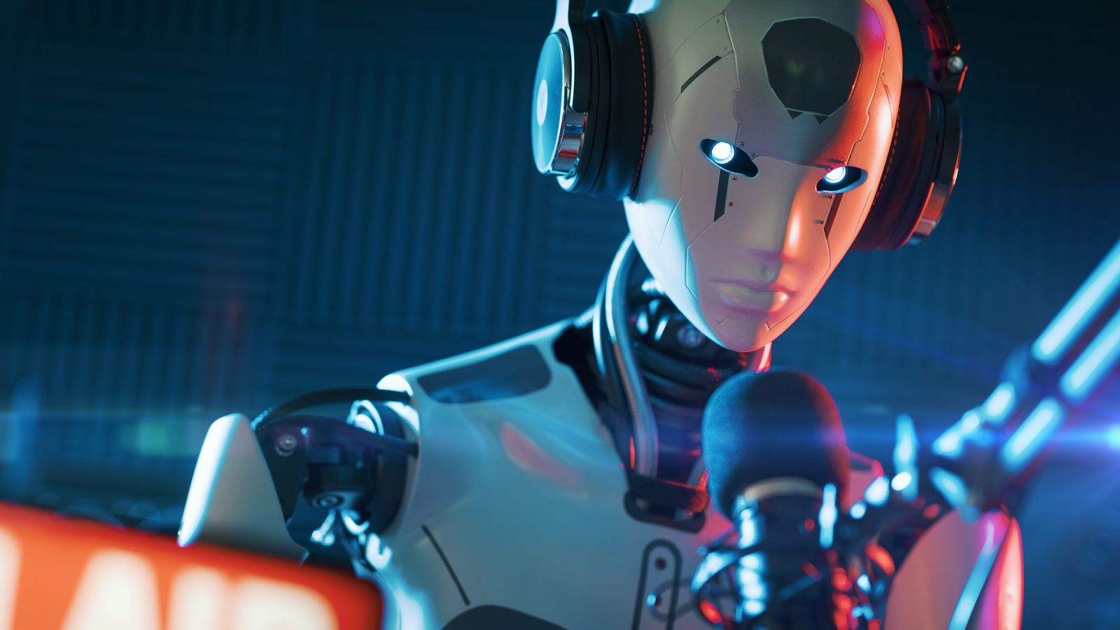 Robot AI trabajando en el estudio de la estación de radio.