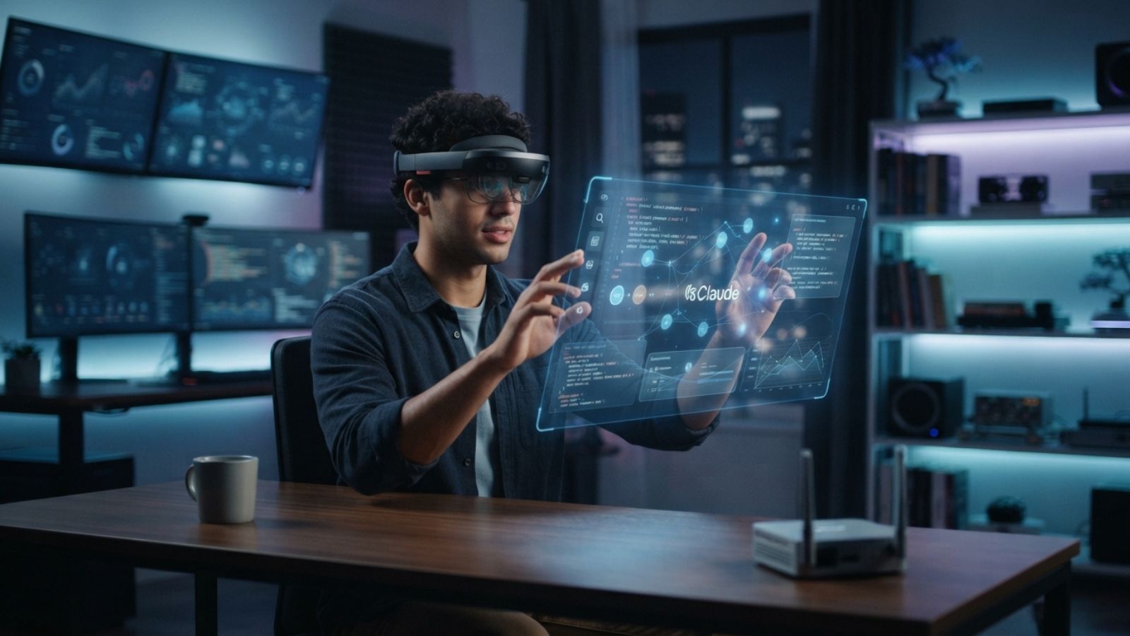 Hombre con gafas de realidad mixta interactuando con una interfaz holográfica de Claude en un entorno de oficina tecnológica.