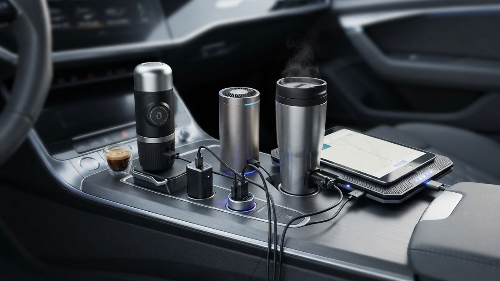 Varios dispositivos electrónicos y accesorios conectados a las tomas de corriente y puertos USB en la consola central de un coche.