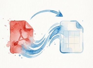 Ilustración en acuarela que representa la transformación de un archivo PDF rojo a un documento de texto azul.