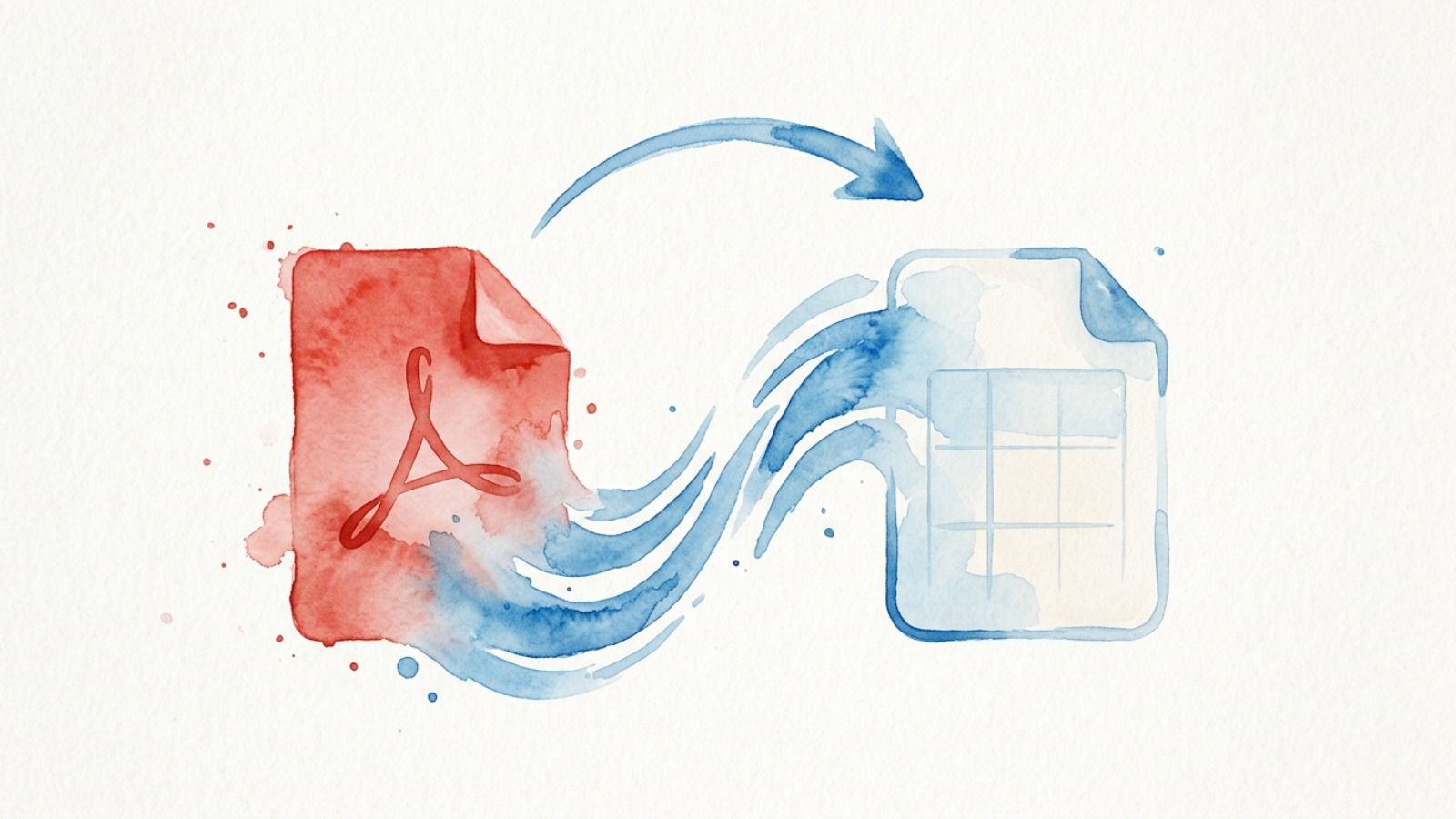 Ilustración en acuarela que representa la transformación de un archivo PDF rojo a un documento de texto azul.