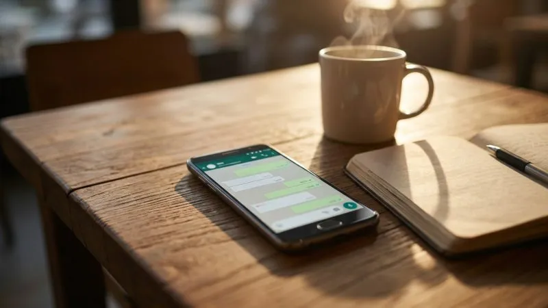 Teléfono móvil sobre una mesa de madera mostrando una aplicación de mensajería instantánea junto a una taza humeante y un cuaderno abierto con un bolígrafo.
