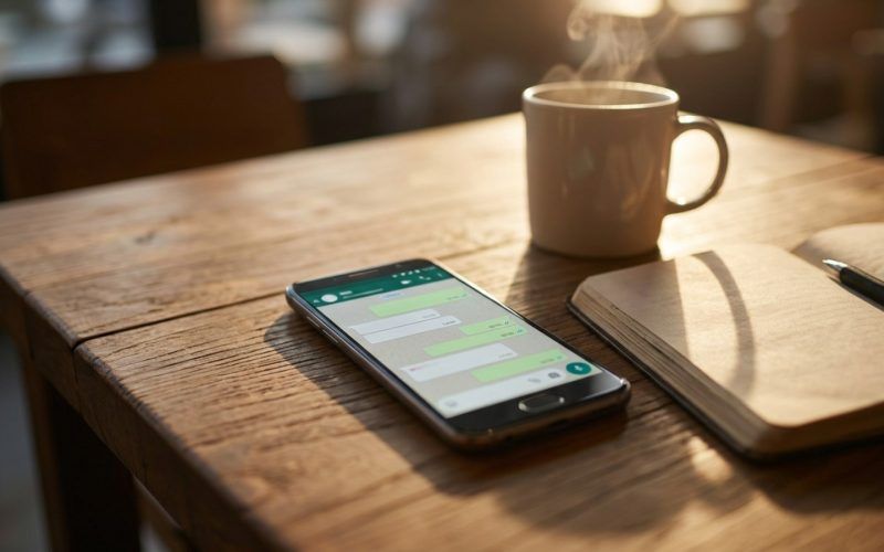 Teléfono móvil sobre una mesa de madera mostrando una aplicación de mensajería instantánea junto a una taza humeante y un cuaderno abierto con un bolígrafo.
