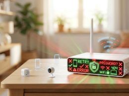 Router inalámbrico con iconos de seguridad, mensajes de error y advertencias de contraseña en su panel frontal.