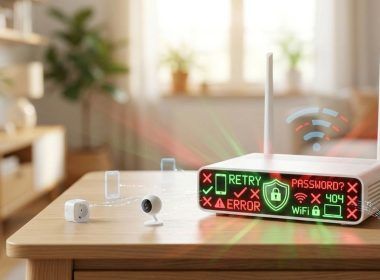 Router inalámbrico con iconos de seguridad, mensajes de error y advertencias de contraseña en su panel frontal.