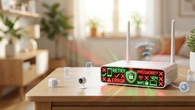 Router inalámbrico con iconos de seguridad, mensajes de error y advertencias de contraseña en su panel frontal.