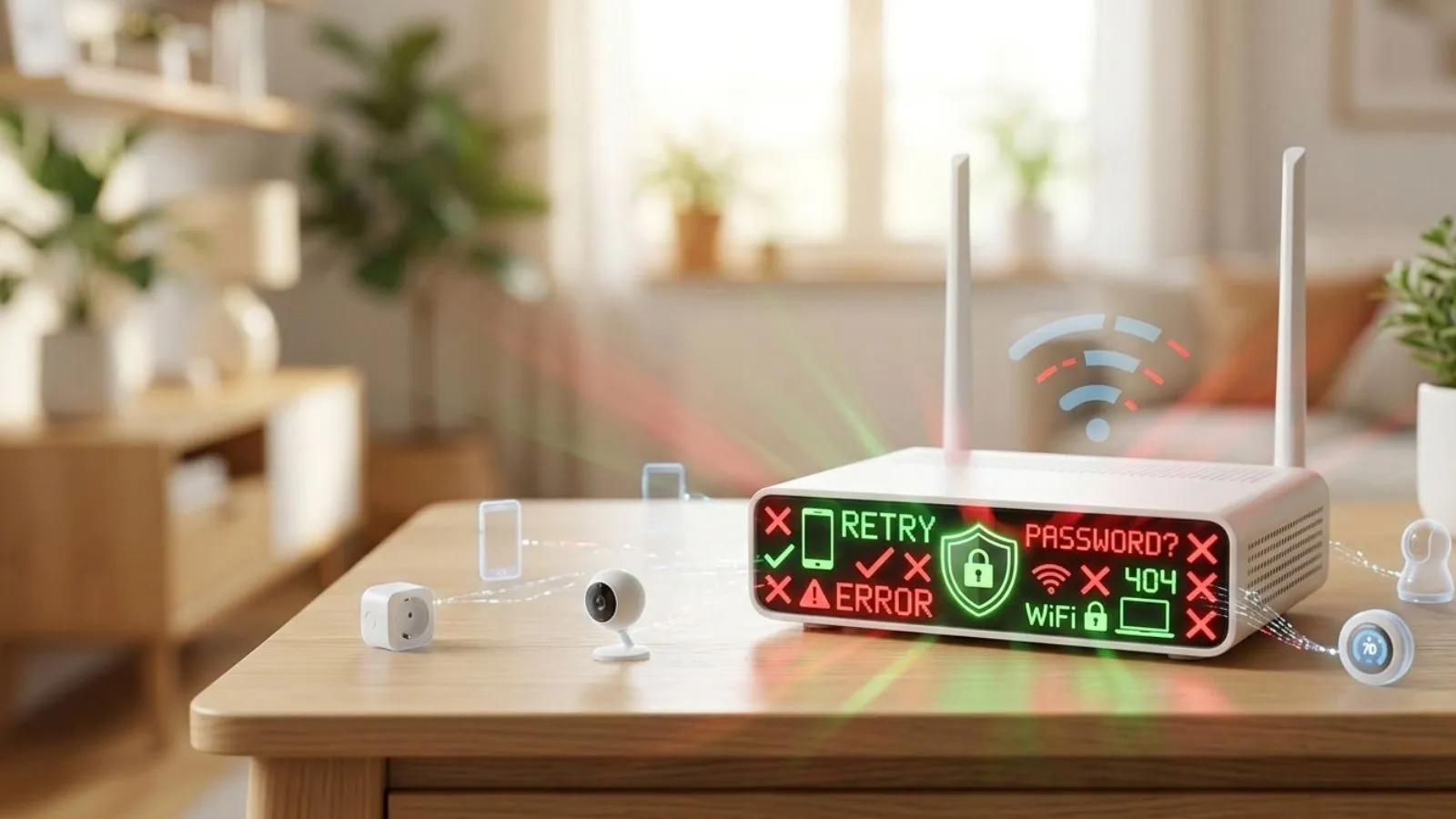 Router inalámbrico con iconos de seguridad, mensajes de error y advertencias de contraseña en su panel frontal.
