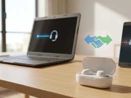 Ilustración del proceso de emparejamiento Bluetooth entre unos auriculares inalámbricos, un ordenador portátil y un teléfono móvil.