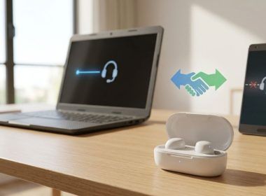 Ilustración del proceso de emparejamiento Bluetooth entre unos auriculares inalámbricos, un ordenador portátil y un teléfono móvil.