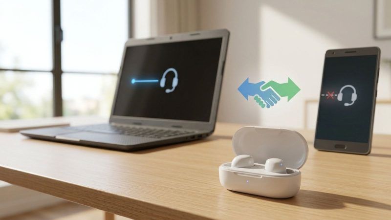 Ilustración del proceso de emparejamiento Bluetooth entre unos auriculares inalámbricos, un ordenador portátil y un teléfono móvil.
