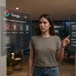 Mujer comparando interfaces virtuales de Google Assistant y Gemini en un entorno doméstico.