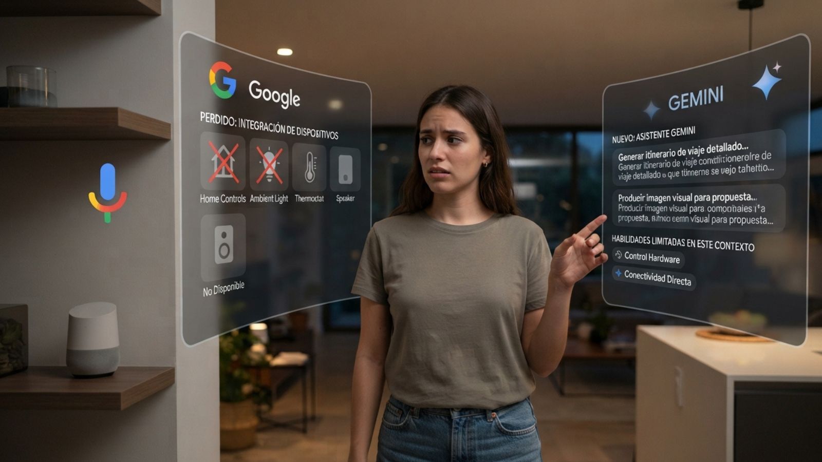 Mujer comparando interfaces virtuales de Google Assistant y Gemini en un entorno doméstico.