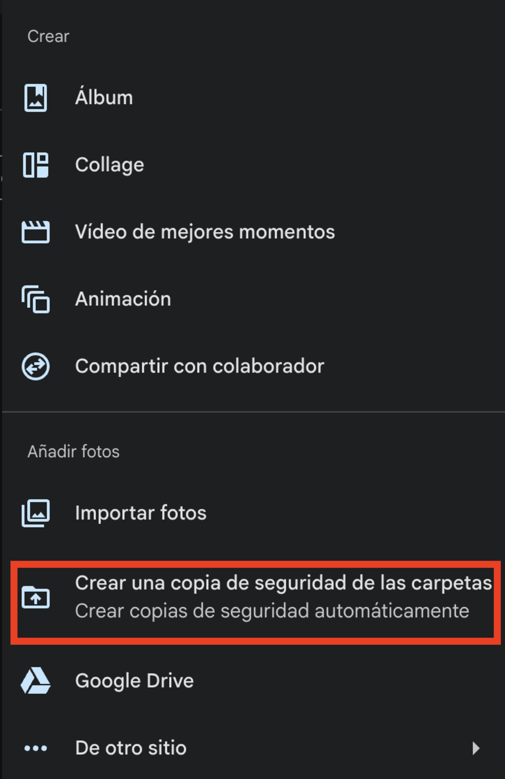 Menú de opciones en una aplicación móvil con la función de crear copia de seguridad de las carpetas resaltada en un recuadro rojo.