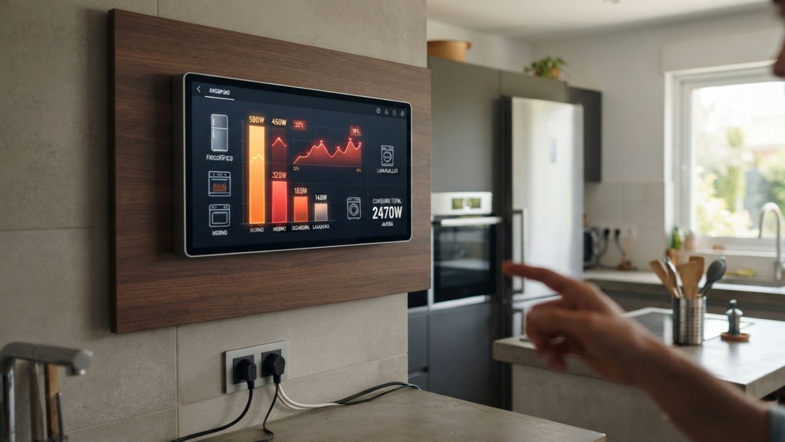 Pantalla digital en una pared de cocina que muestra gráficas de consumo energético de electrodomésticos como el frigorífico y el horno.