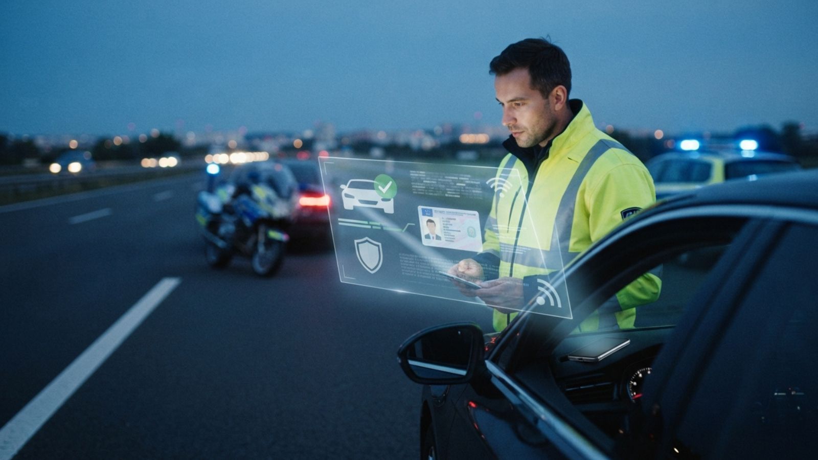 Agente de policía consultando una interfaz digital holográfica con datos de un vehículo y conductor durante un control nocturno en carretera.