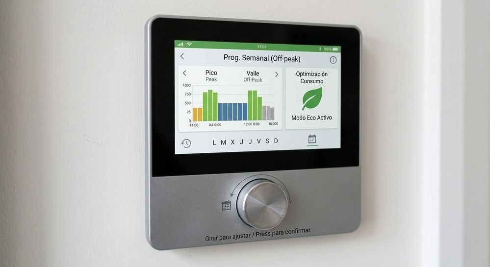 Pantalla digital de un termostato inteligente que muestra la programación semanal de la calefacción con gráficos de consumo en horas pico y valle.