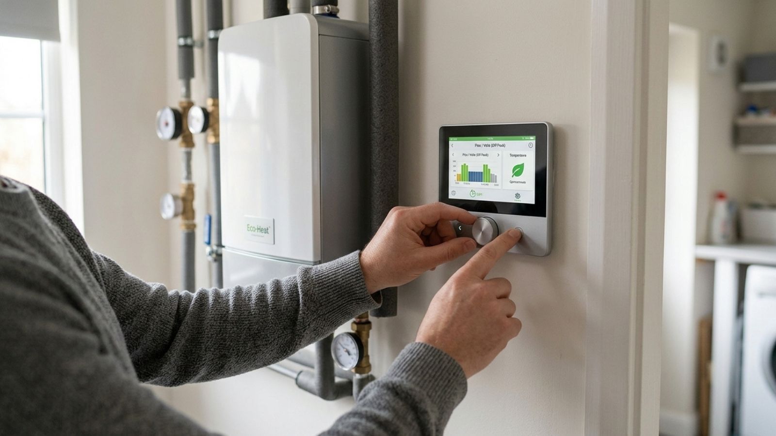 Persona ajustando la configuración de temperatura en un termostato digital de pared junto a una caldera doméstica.