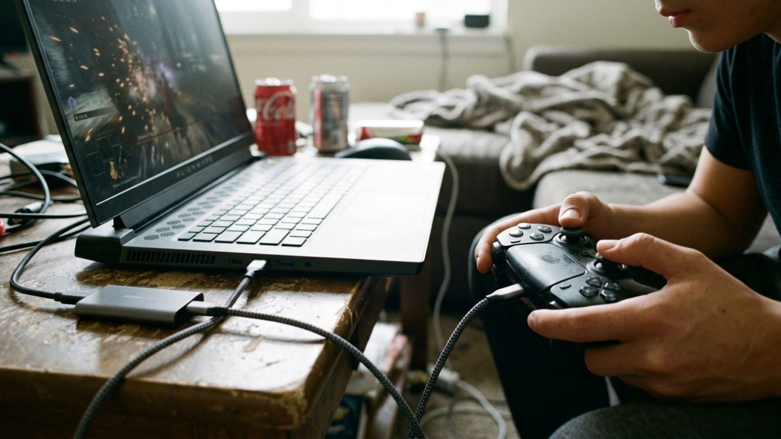 Primer plano de un jugador utilizando un mando conectado por cable a un ordenador portátil gaming en un salón.