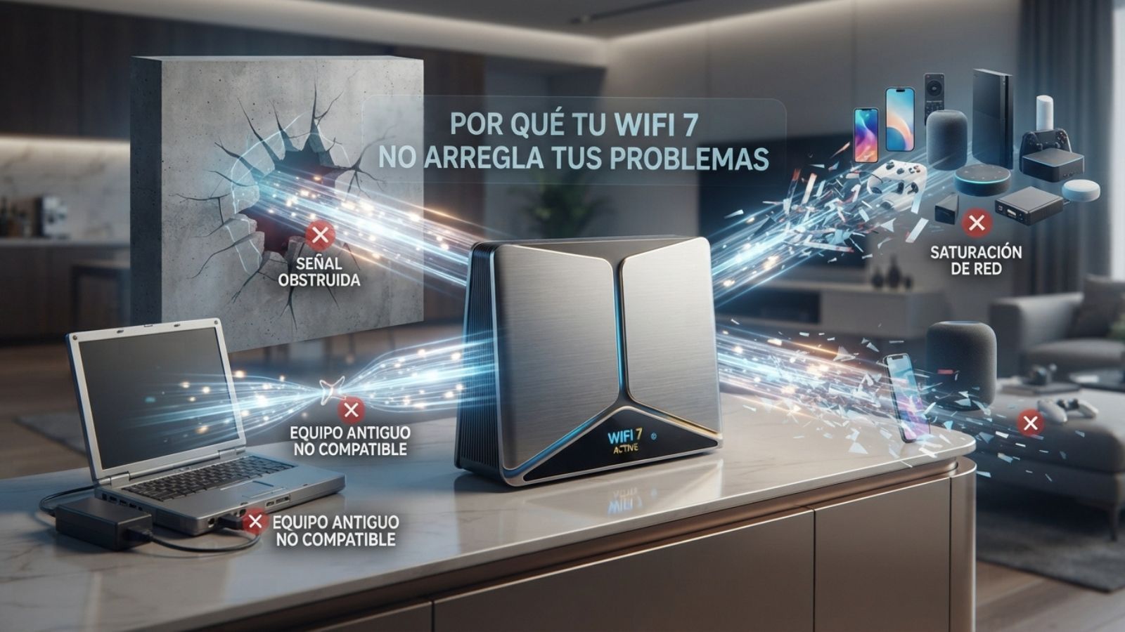 Infografía sobre problemas de conexión con un router WiFi 7 en el hogar, mostrando obstáculos físicos, saturación de red y dispositivos antiguos incompatibles.