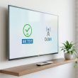 Smart TV colgada en una pared blanca con iconos de 4K TDT y estándar DVB-T2 en pantalla.
