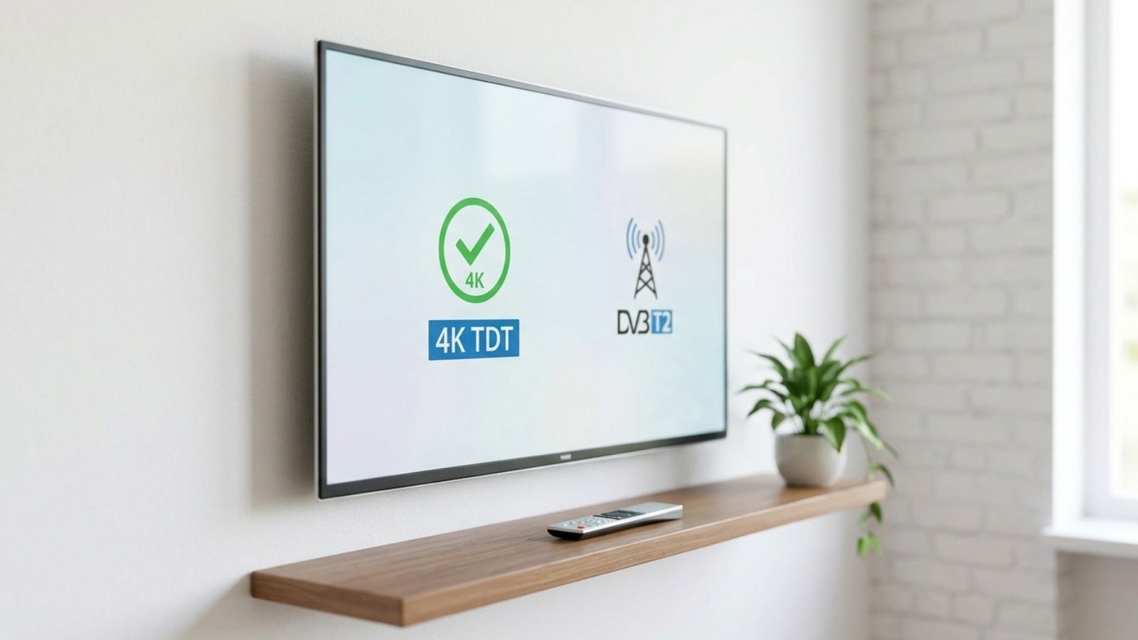 Smart TV colgada en una pared blanca con iconos de 4K TDT y estándar DVB-T2 en pantalla.