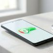 Primer plano de un smartphone Android sobre una mesa blanca mostrando un icono de batería protegida por un escudo.