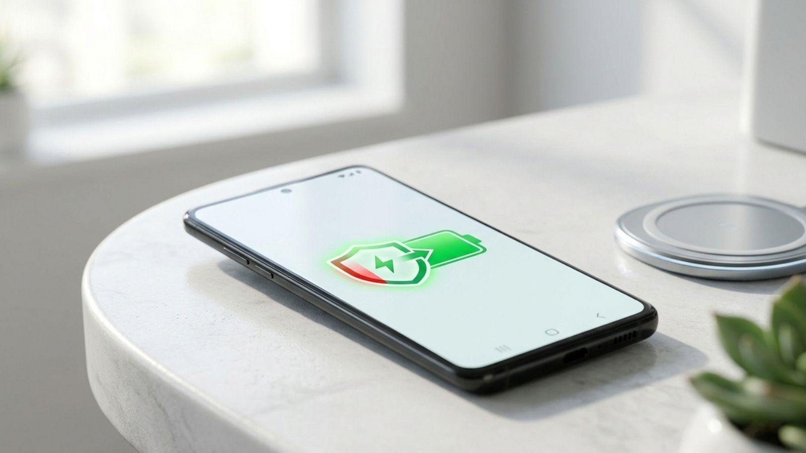 Primer plano de un smartphone Android sobre una mesa blanca mostrando un icono de batería protegida por un escudo.