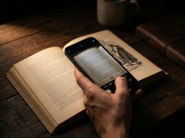 Mano sosteniendo un teléfono móvil para escanear y traducir el texto de un libro antiguo sobre una mesa de madera.