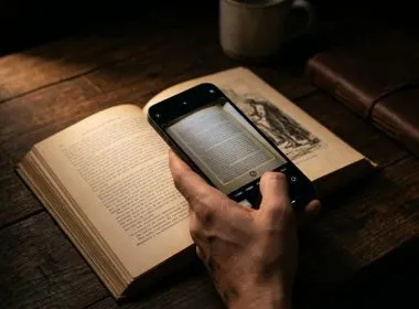 Mano sosteniendo un teléfono móvil para escanear y traducir el texto de un libro antiguo sobre una mesa de madera.
