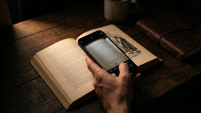 Mano sosteniendo un teléfono móvil para escanear y traducir el texto de un libro antiguo sobre una mesa de madera.