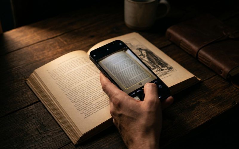 Mano sosteniendo un teléfono móvil para escanear y traducir el texto de un libro antiguo sobre una mesa de madera.