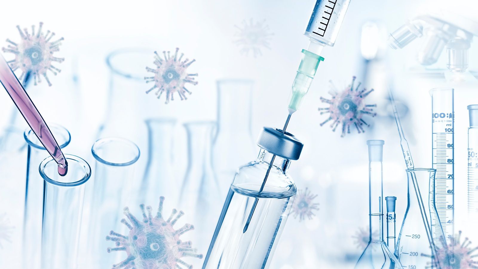 Virus, jeringa y microscopio, así como muchos otros utensilios de laboratorio.