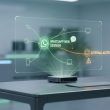Interfaz holográfica de una sesión de WhatsApp Web proyectada desde un dispositivo en una mesa de oficina, mostrando una alerta de acceso externo detectado.