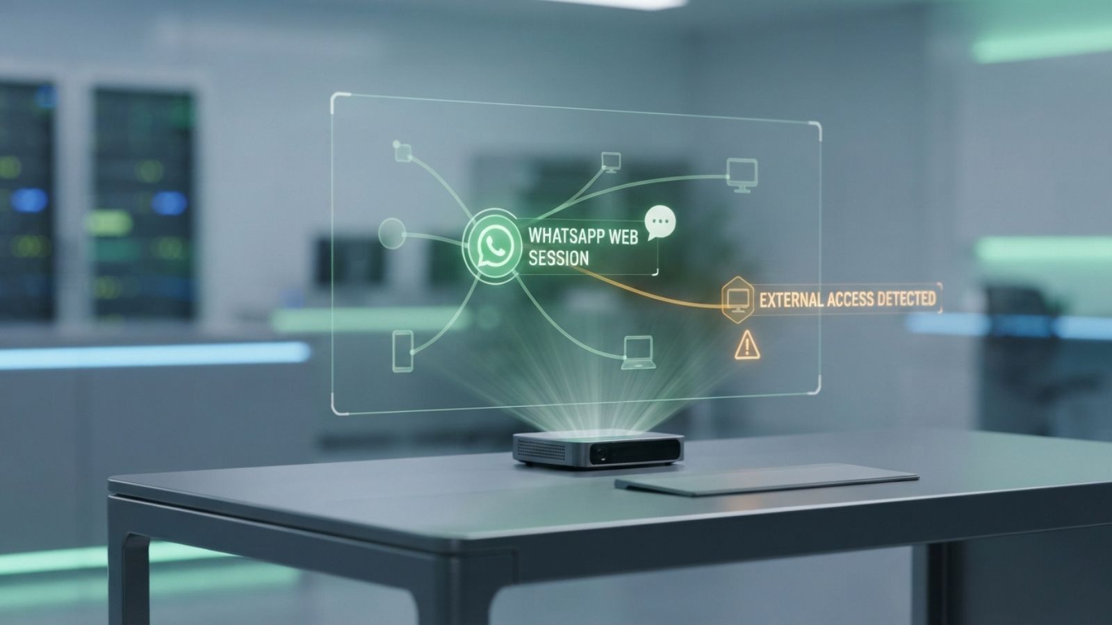 Interfaz holográfica de una sesión de WhatsApp Web proyectada desde un dispositivo en una mesa de oficina, mostrando una alerta de acceso externo detectado.