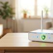 Router inalámbrico blanco con un icono de escudo verde iluminado en el frontal sobre una mesa de madera.