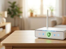 Router inalámbrico blanco con un icono de escudo verde iluminado en el frontal sobre una mesa de madera.