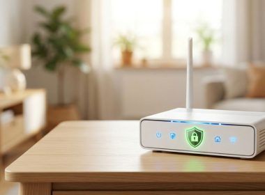 Router inalámbrico blanco con un icono de escudo verde iluminado en el frontal sobre una mesa de madera.