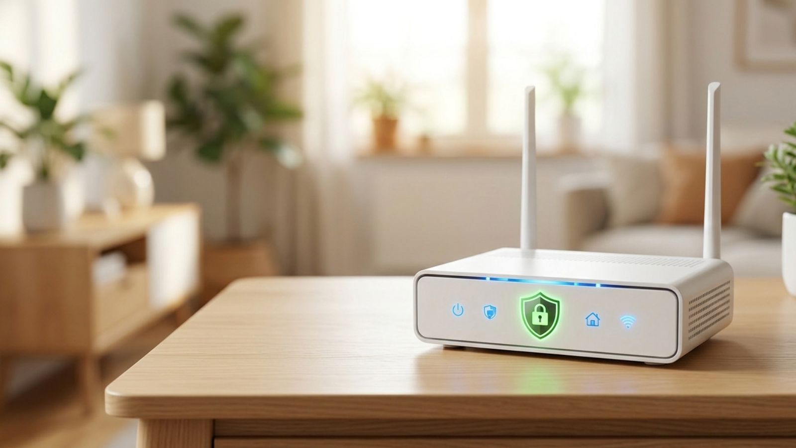 Router inalámbrico blanco con un icono de escudo verde iluminado en el frontal sobre una mesa de madera.