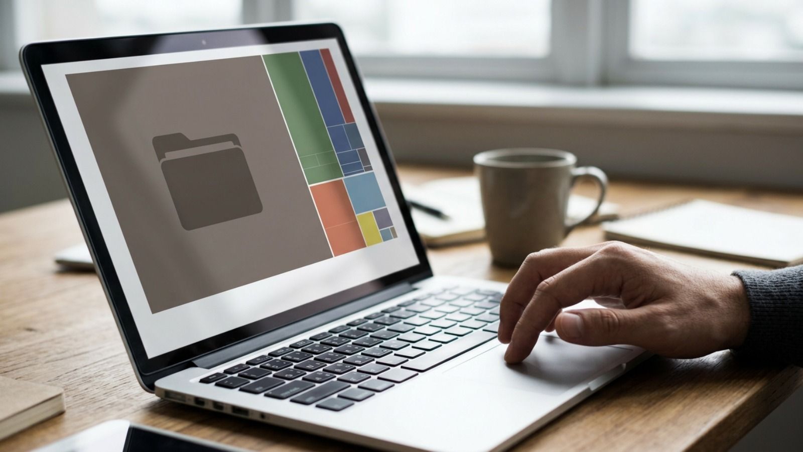 Primer plano de una mano utilizando el trackpad de un ordenador portátil que muestra en pantalla un gráfico de gestión de archivos y carpetas.