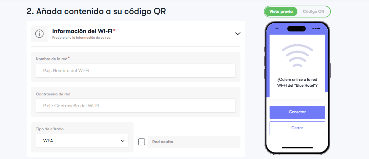 Interfaz de una herramienta web para configurar el nombre y la contraseña de una red Wi-Fi junto a una previsualización en un teléfono móvil.
