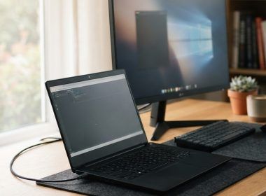 Ordenador portátil conectado a un monitor externo mediante cable USB-C en un escritorio de trabajo.