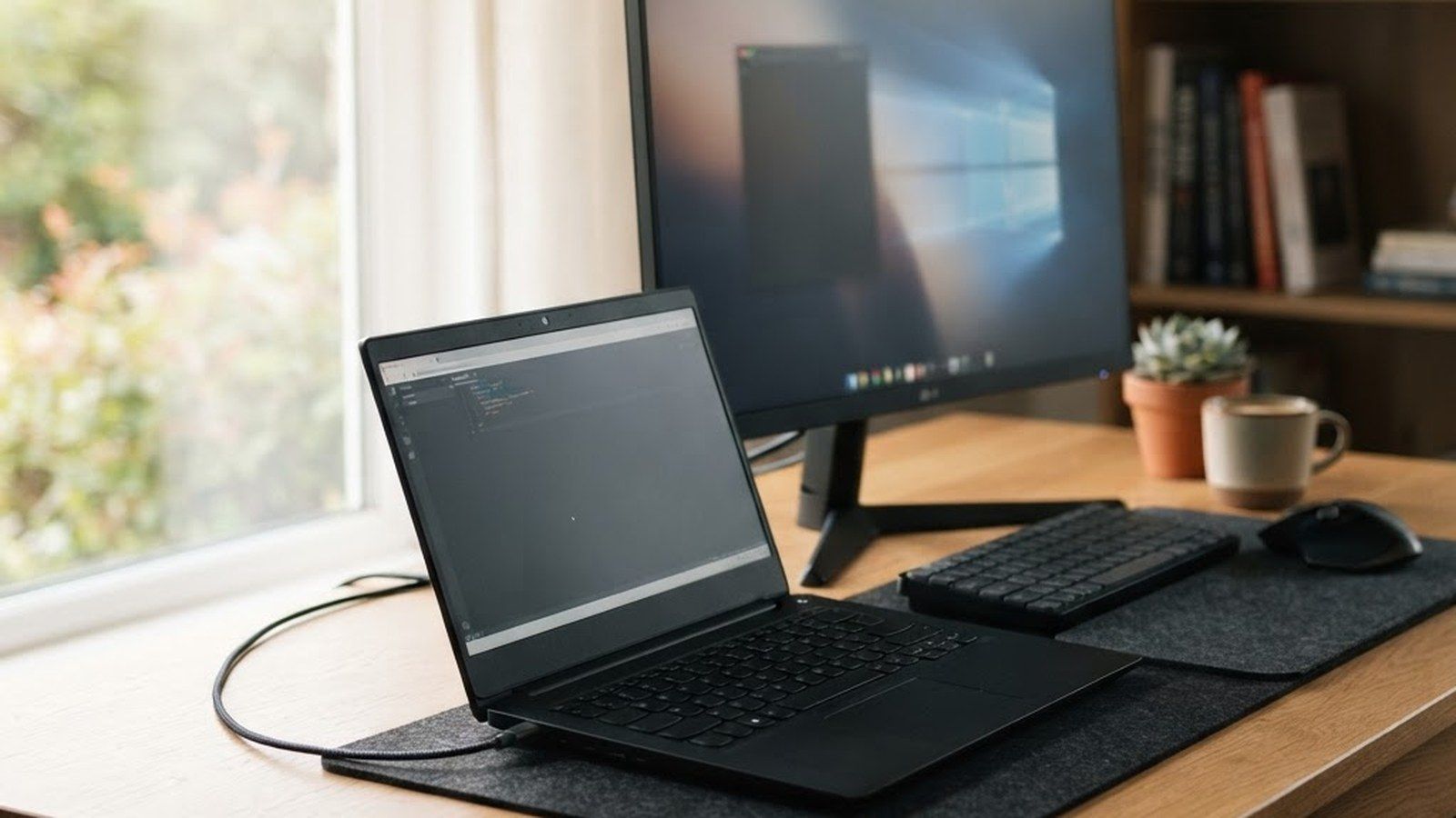 Ordenador portátil conectado a un monitor externo mediante cable USB-C en un escritorio de trabajo.