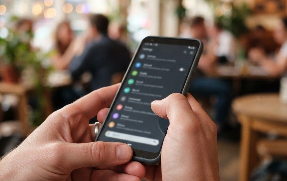 Primer plano de unas manos sujetando un teléfono móvil con el menú de ajustes abierto en un local público.