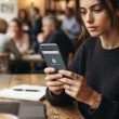 Mujer consultando un teléfono inteligente con icono de candado de seguridad en una cafetería junto a un ordenador portátil.